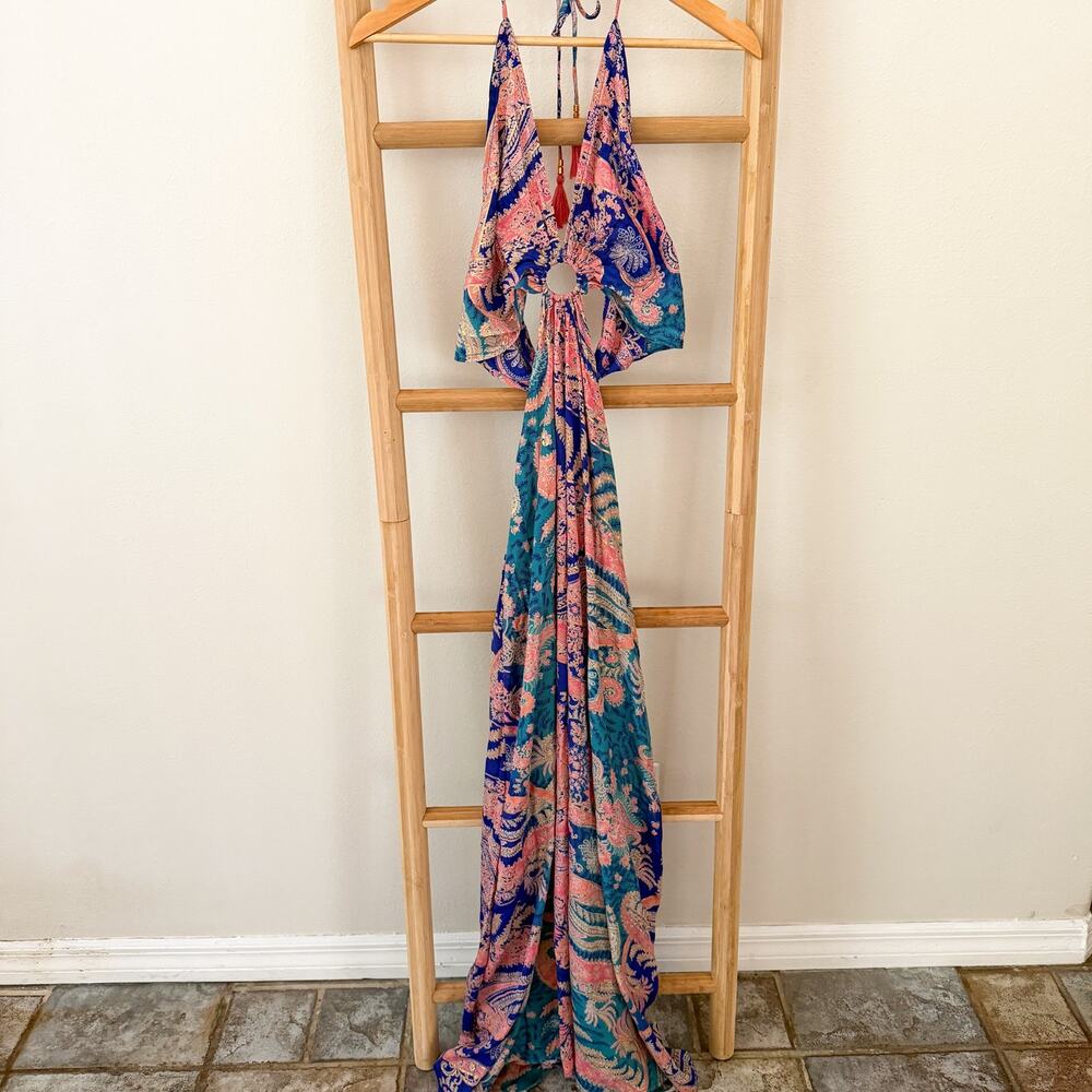 Silk Italy Paisley Maxi Dress Size Small Halter Cutout Open Back Boho Resort - Picture 2 of 8
